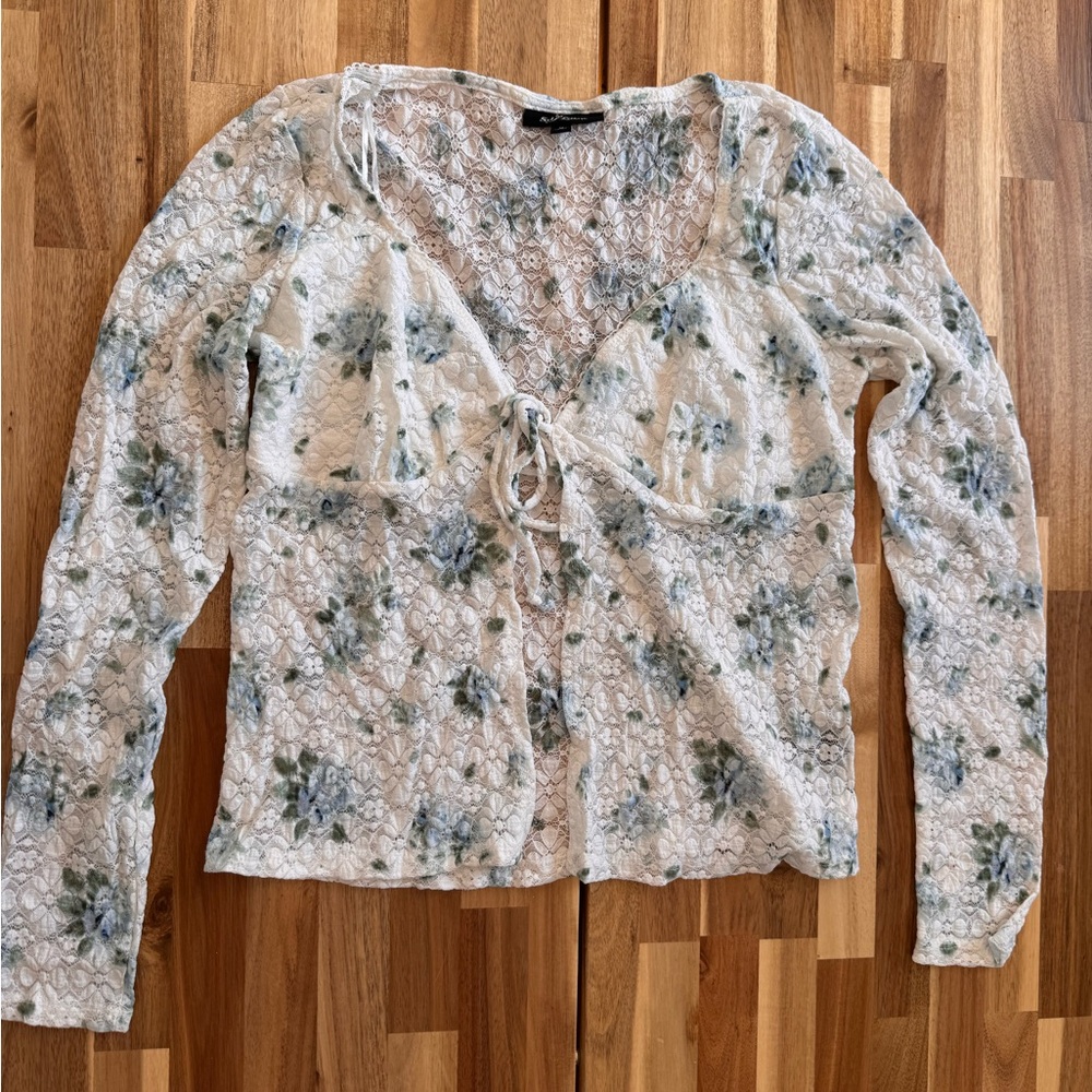 Cottagecore Floral Lace Tie Front Top Ditsy Blue Long Sleeve Sweetheart‎ Medium - Picture 2 of 10